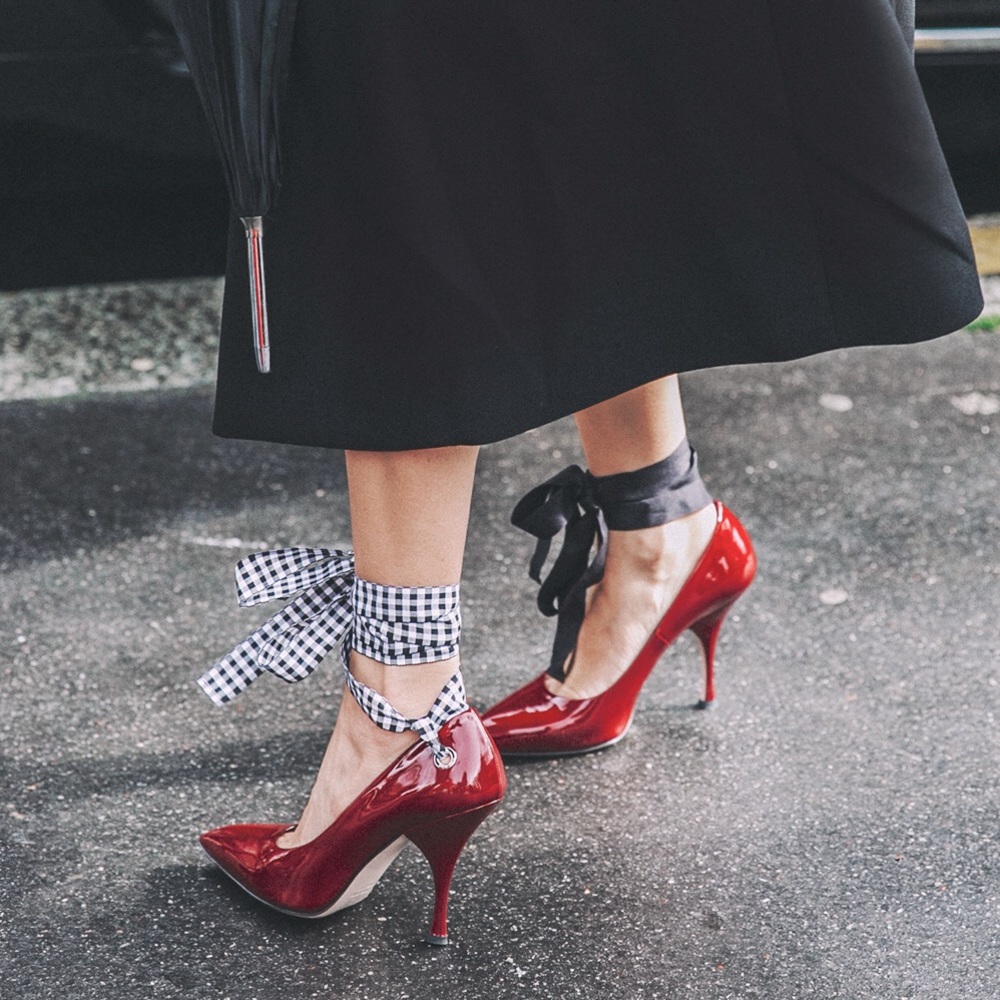 Miu Miu Red Patent Leather Heels with Gingham Ties